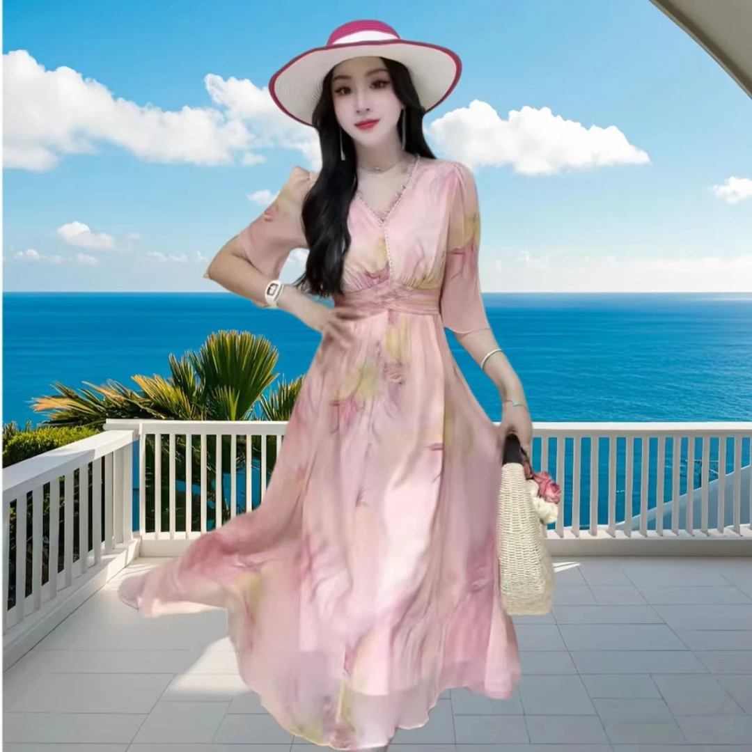 A字裙高腰系带夏季中长裙连衣裙裙子轻奢优雅长裙设计师桑蚕法式