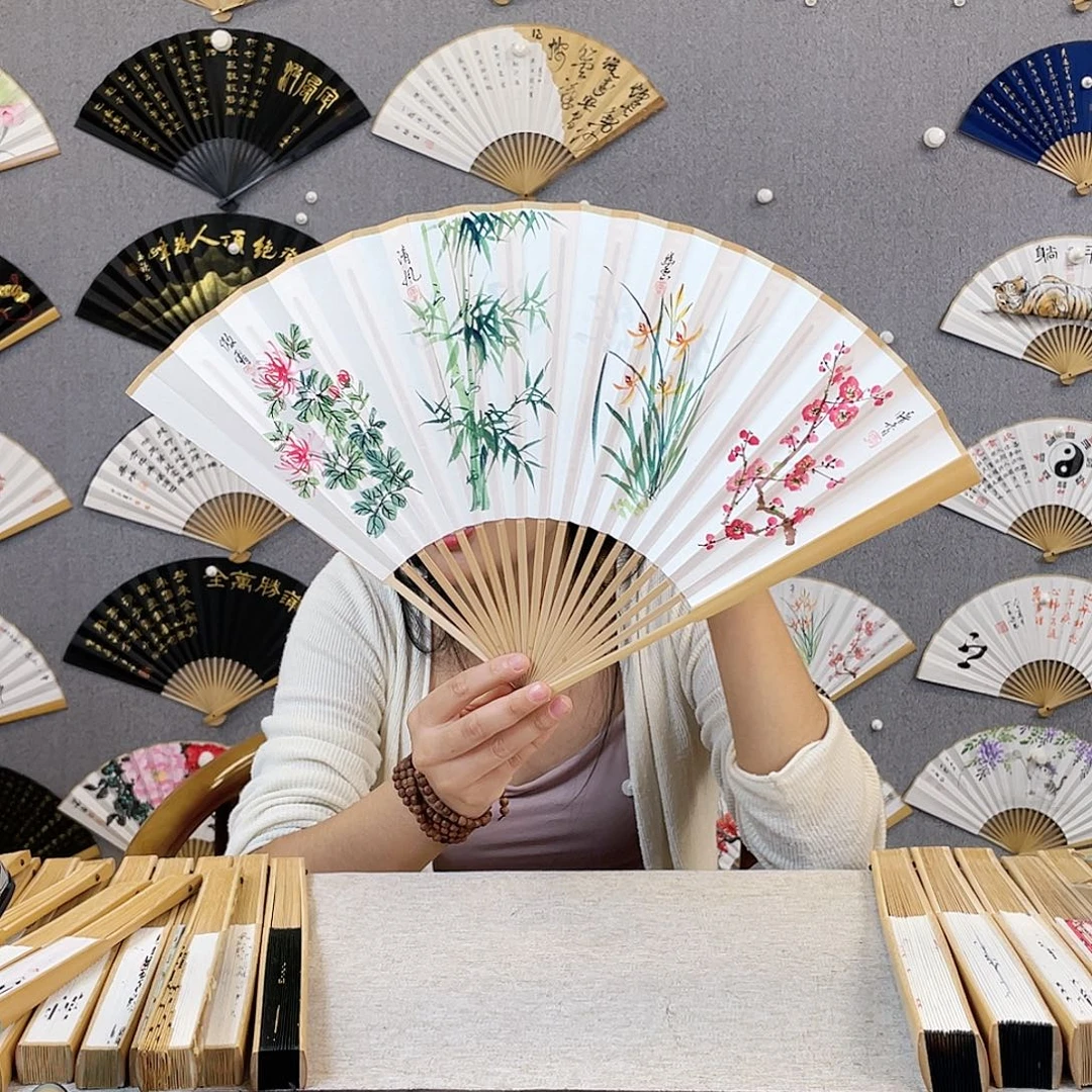 国画95寸玉竹-纯手绘-文玩扇骨（默认粘好）