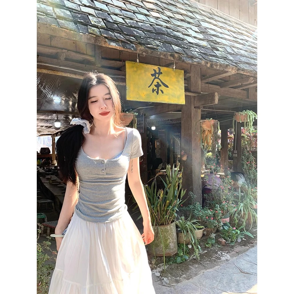 渔小平 升杯噜 纯欲短袖T恤胸衣独特绝美吊带背心女内搭无袖上衣