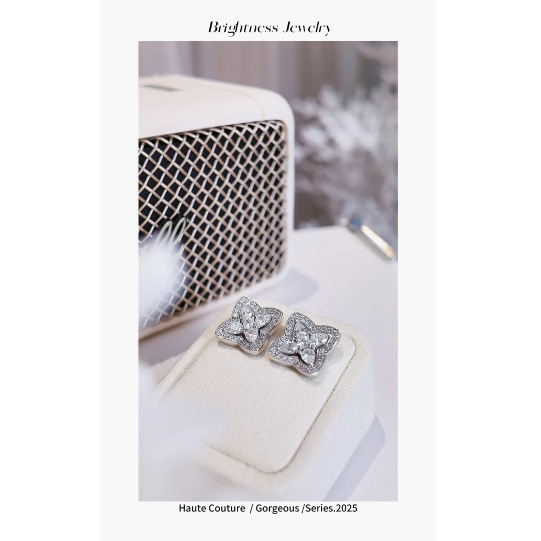 铜合金合成锆石耳饰 法式轻奢时尚经典满钻镶嵌小花耳钉 CYS10055