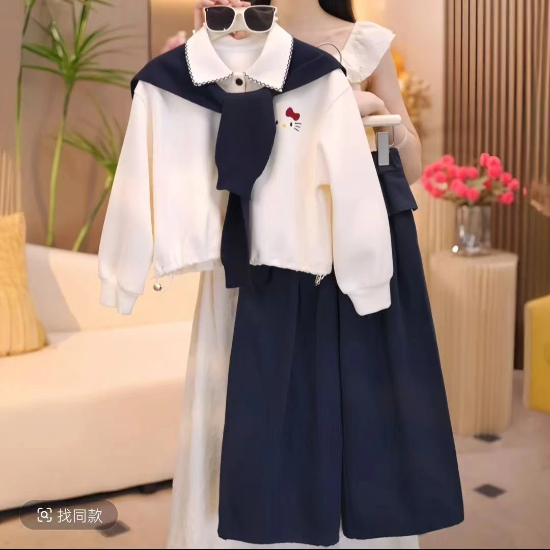 秋季新款儿童甜美KT猫披肩卫衣休闲纯色裤子套装