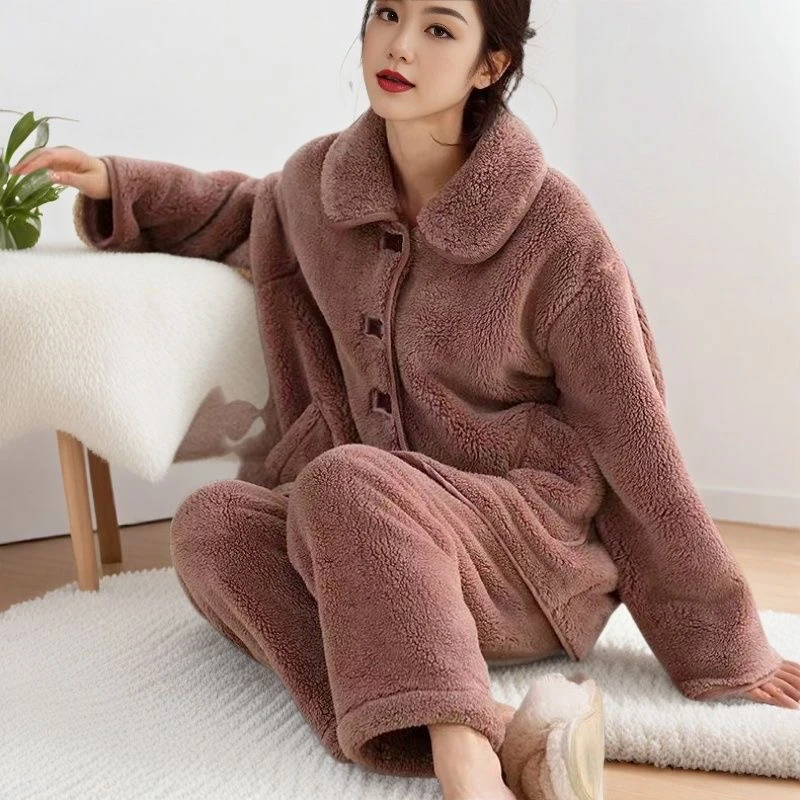 【锁温保暖】雪花绒睡衣可外穿加绒加厚女士休闲家居服套装秋冬天