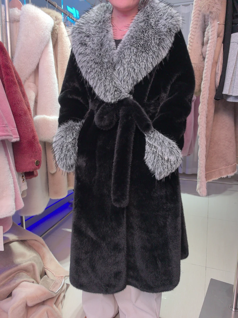 人造皮草 韩版潮流仿水貂绒大衣长毛毛领偶貂绒过膝长款毛呢外套