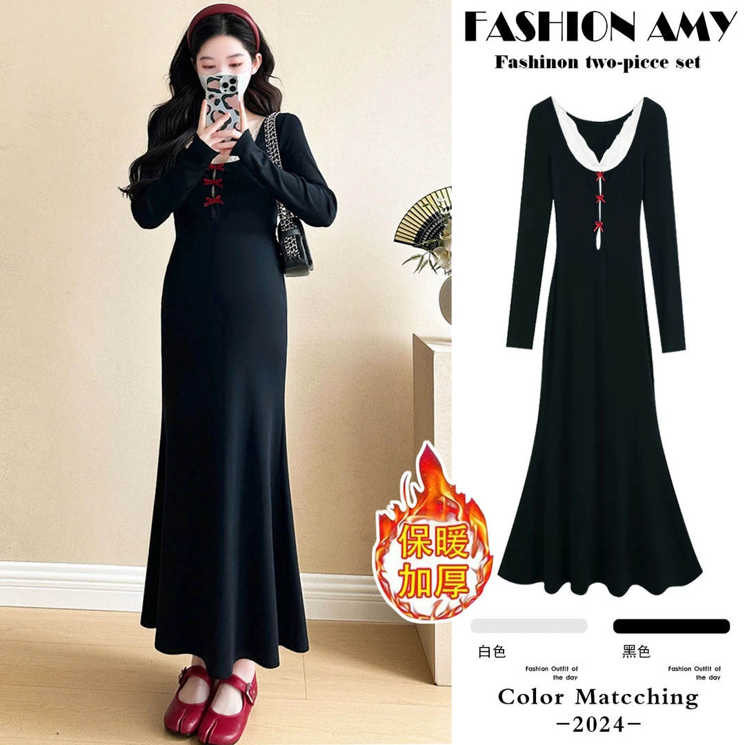 孕妇连衣裙秋冬新款时尚显瘦辣妈针织蝴蝶结鱼尾裙子内搭蕾丝背心