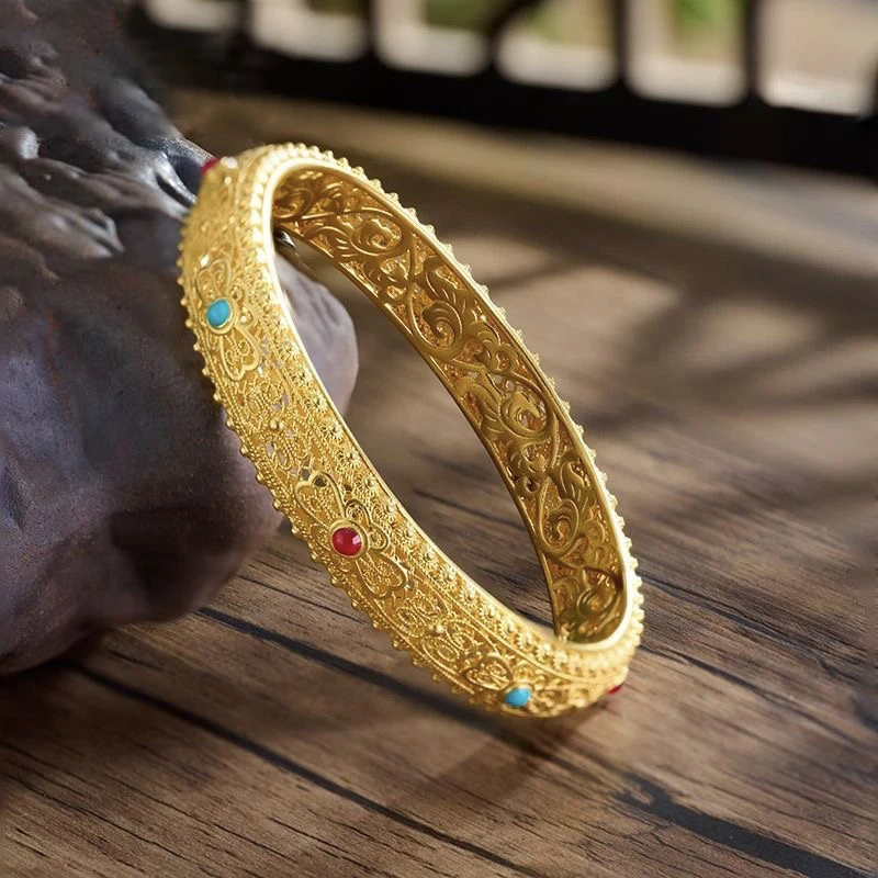 铜合金手镯  古法镂空花丝珐琅皇后手镯 SZ1225