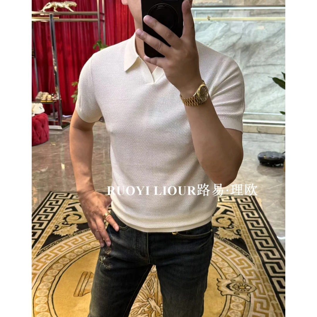 【路易理欧】欧货时尚百搭潮流透气海鸥剪刀领设计针织短袖0429