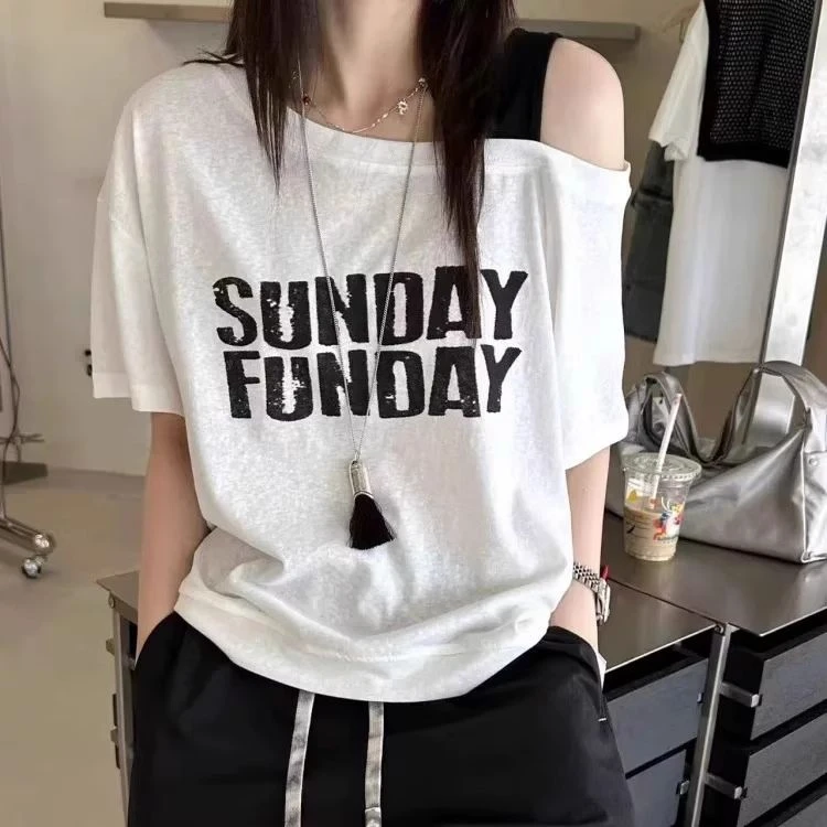 【运补6-8米】字母印花斜肩吊带设计感短袖T恤女百搭宽松上衣3999