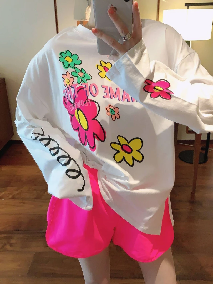 【张静芝】彩色花朵长袖T恤