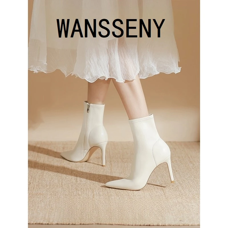 WANSSENY2025年新款白色尖头高跟短靴时尚细跟中筒时装瘦瘦靴单靴