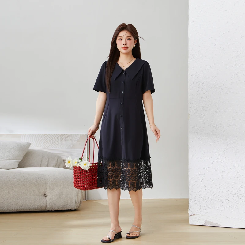 采多宝大码女装淑女高奢千金风拼接蕾丝下摆连衣裙 EXQ5118