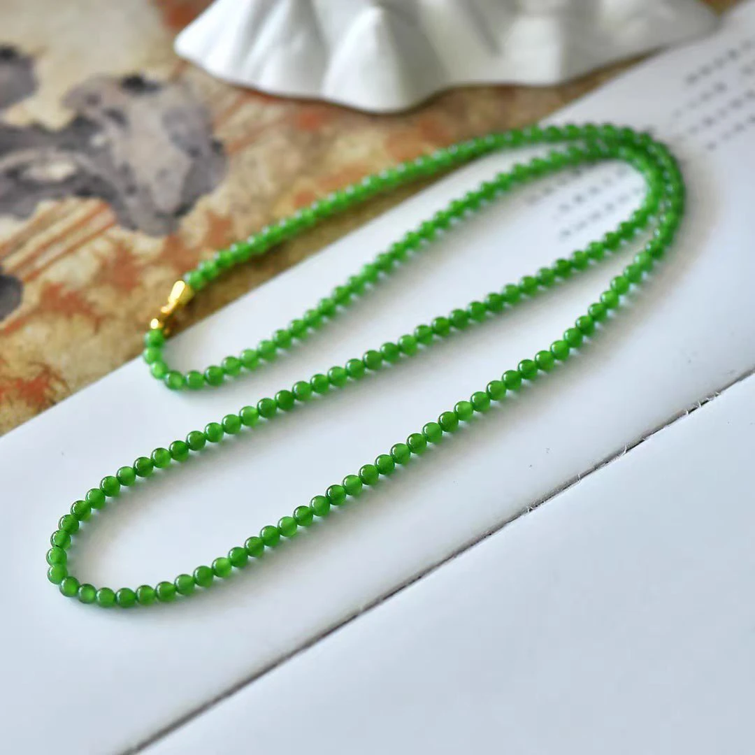 和田玉碧玉阳绿色小米珠圆珠女士款项链毛衣链简约百搭赠送证书