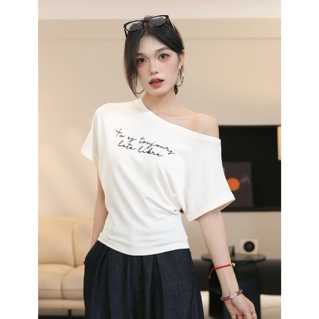 【尔给】夏季斜肩韩系字母印花短袖T恤宽松显瘦收腰百搭上衣女