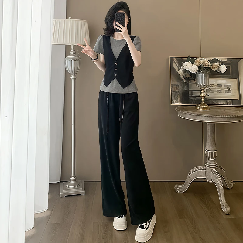 小个子休闲套装女2025年夏季新款显瘦设计感假两件上衣长裤两件套