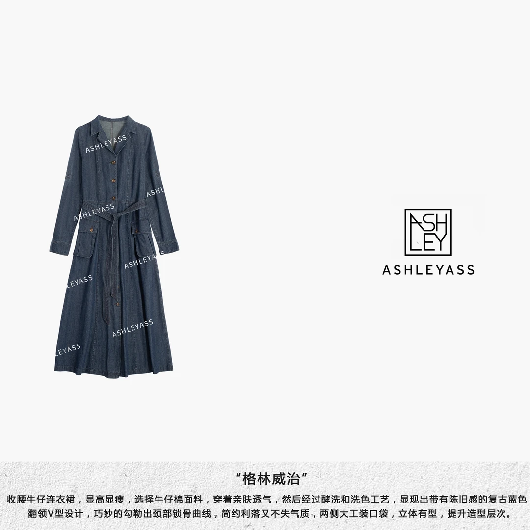 【ASHLEYASS】“格林威治”牛翻领纽扣门襟带盖口袋连衣裙LSQ240980R