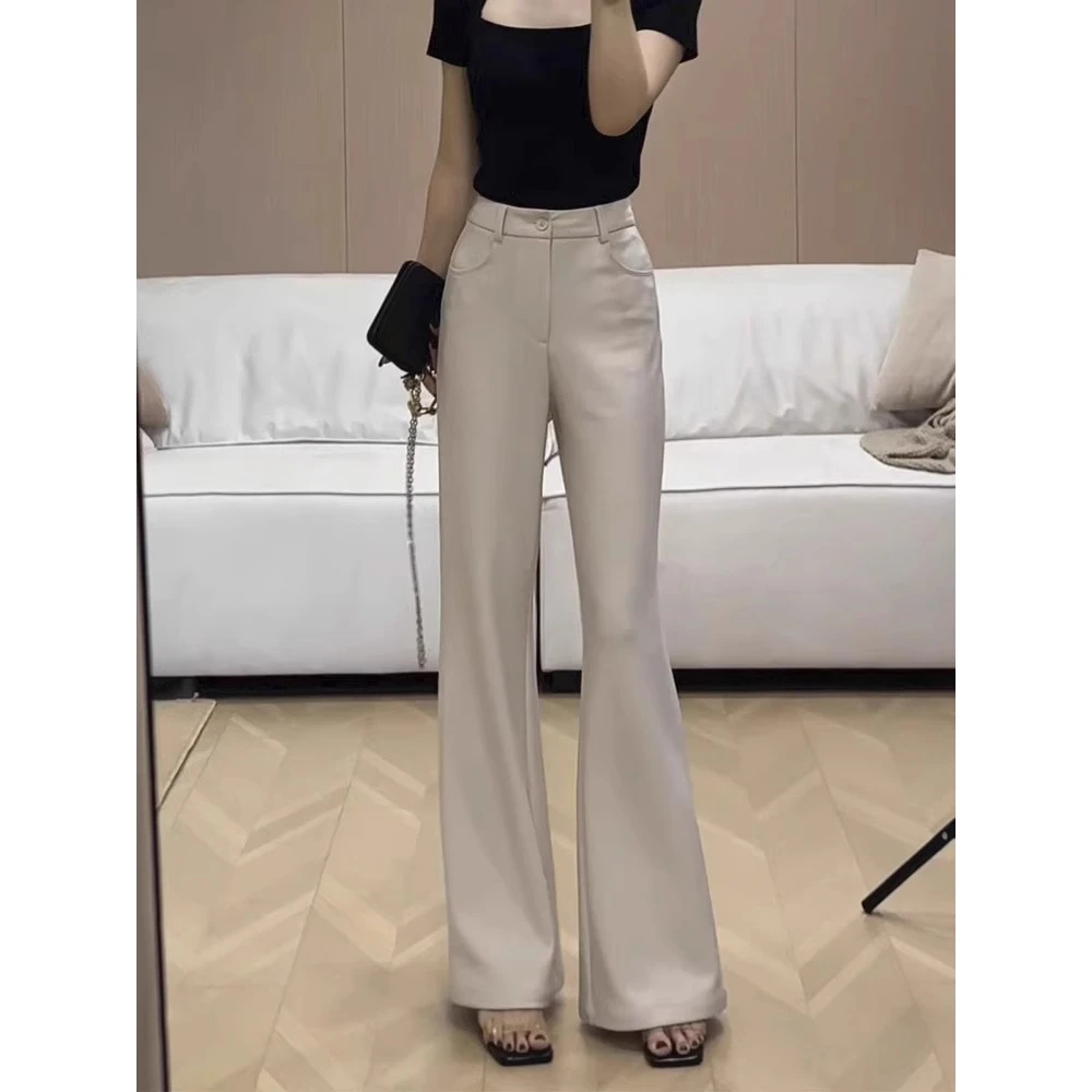 杏色高腰垂感不贴腿微喇西装裤女2025夏季新款弹力显瘦喇叭休闲裤