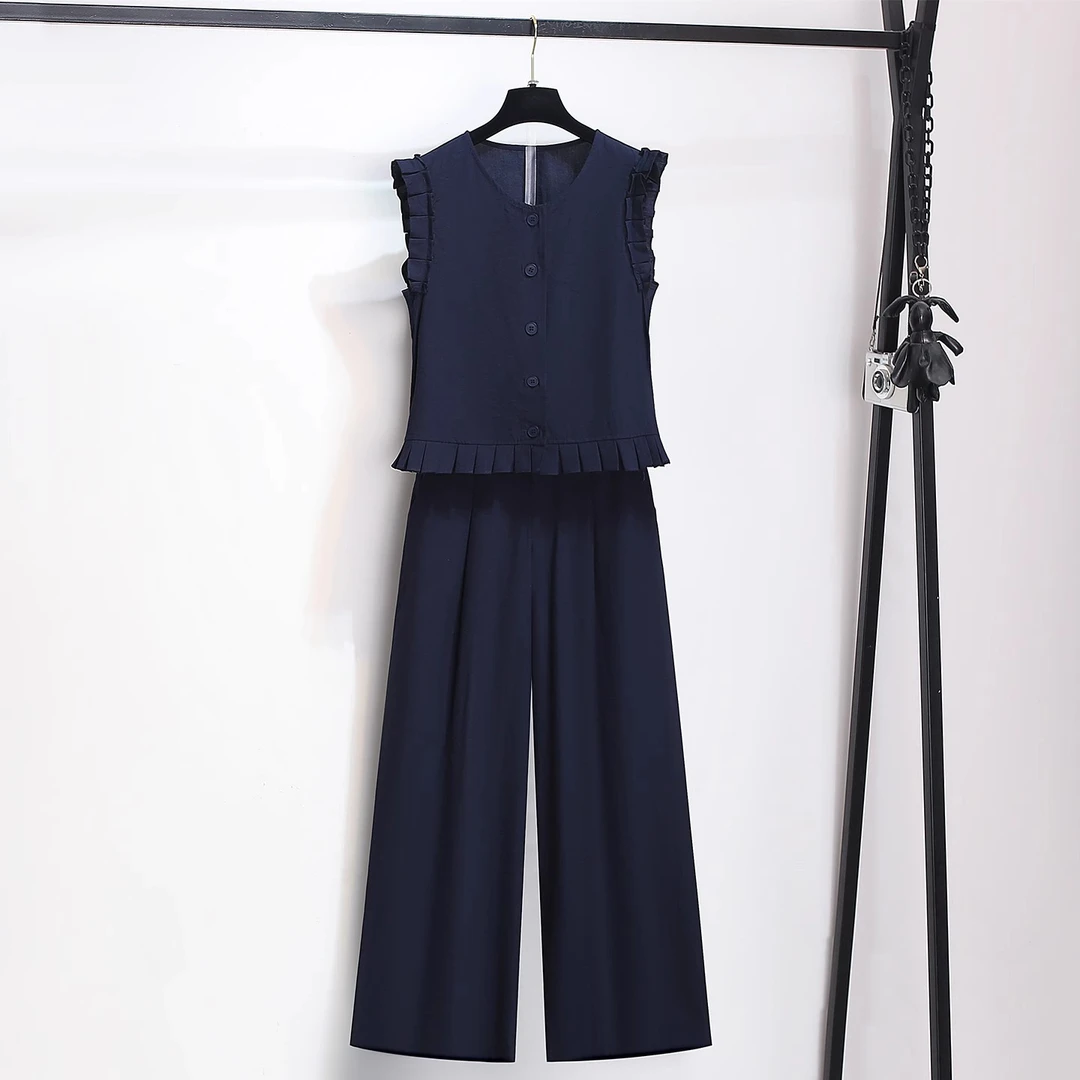 拉夏贝尔小香风藏蓝色无袖上衣阔腿裤子两件一整套女2025夏季套装