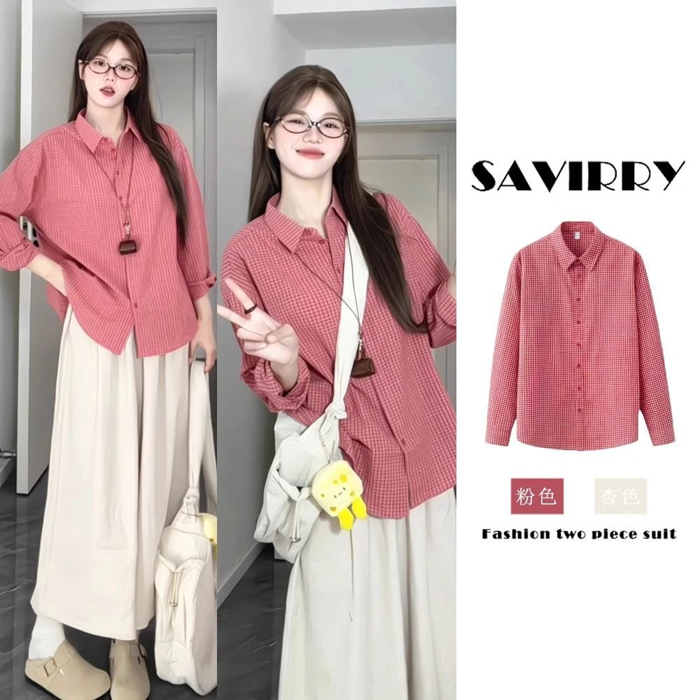 韩系早春女款穿搭2025年新款洋气减龄格纹衬衫遮肉显瘦裤裙两件套