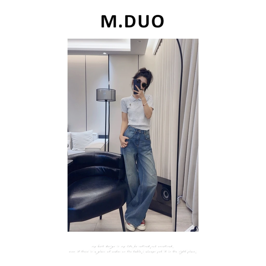 M.DUO （深圳货）羊毛+桑蚕丝混纺刺绣松弛感翻领短袖针织上衣3330