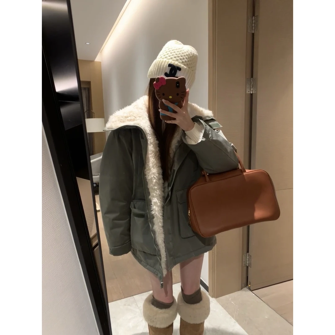赵露思同款绿色工装派克服加厚环保羊羔毛绒拼接保暖宽松冲锋大衣