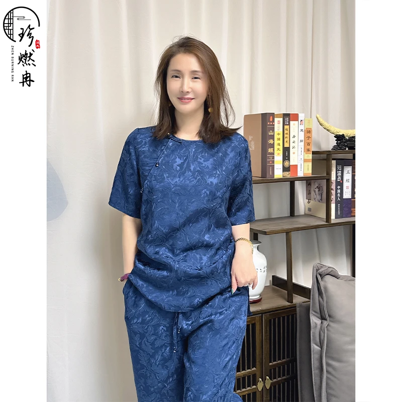 【珍珍甄选】【澜影幽花】新中式国风显瘦蓝色夏季丝麻上衣S-11483