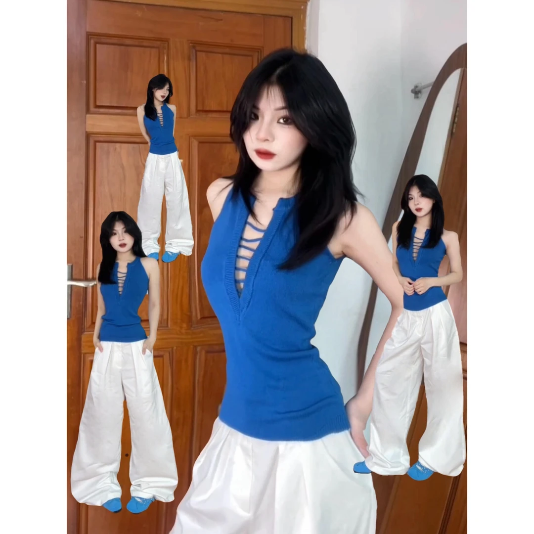 MARIE.COCO辣妹纯欲V领克莱因蓝镂空针织背心上衣搭配休闲裤套装