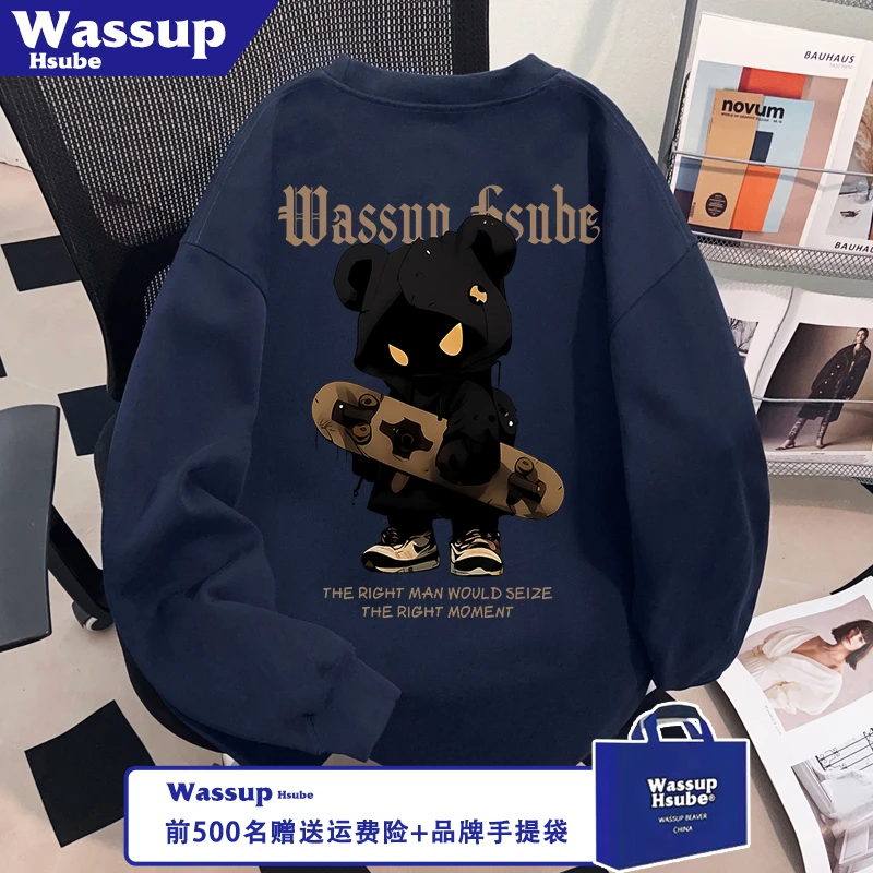 WASSUP HSUBE秋季藏青T恤美式卡通英文印花纯棉长袖ins男女款上衣