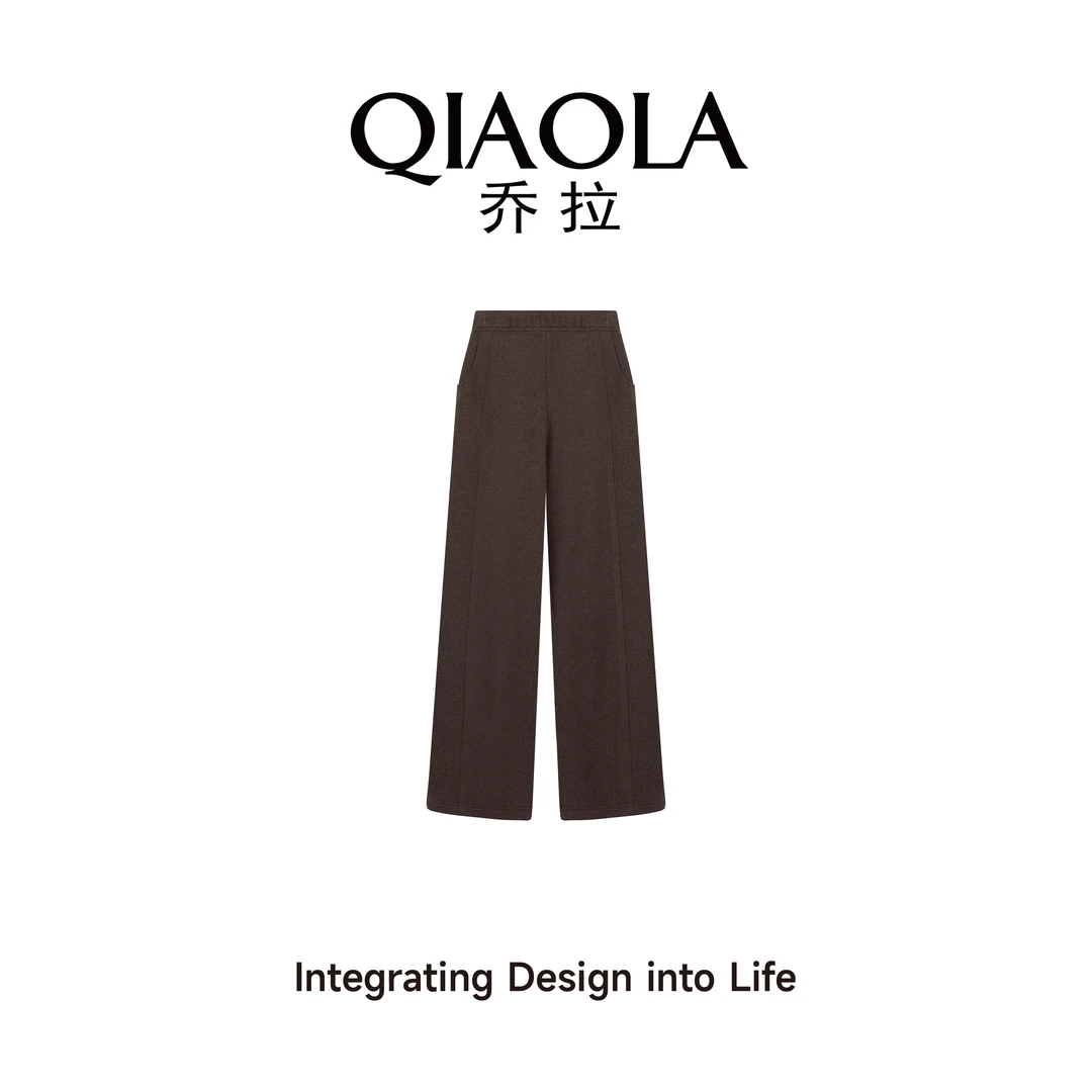 QIAOLA/乔拉【巴黎古堡】秋冬梭织毛呢加绒拼缝百搭直筒休闲裤预售