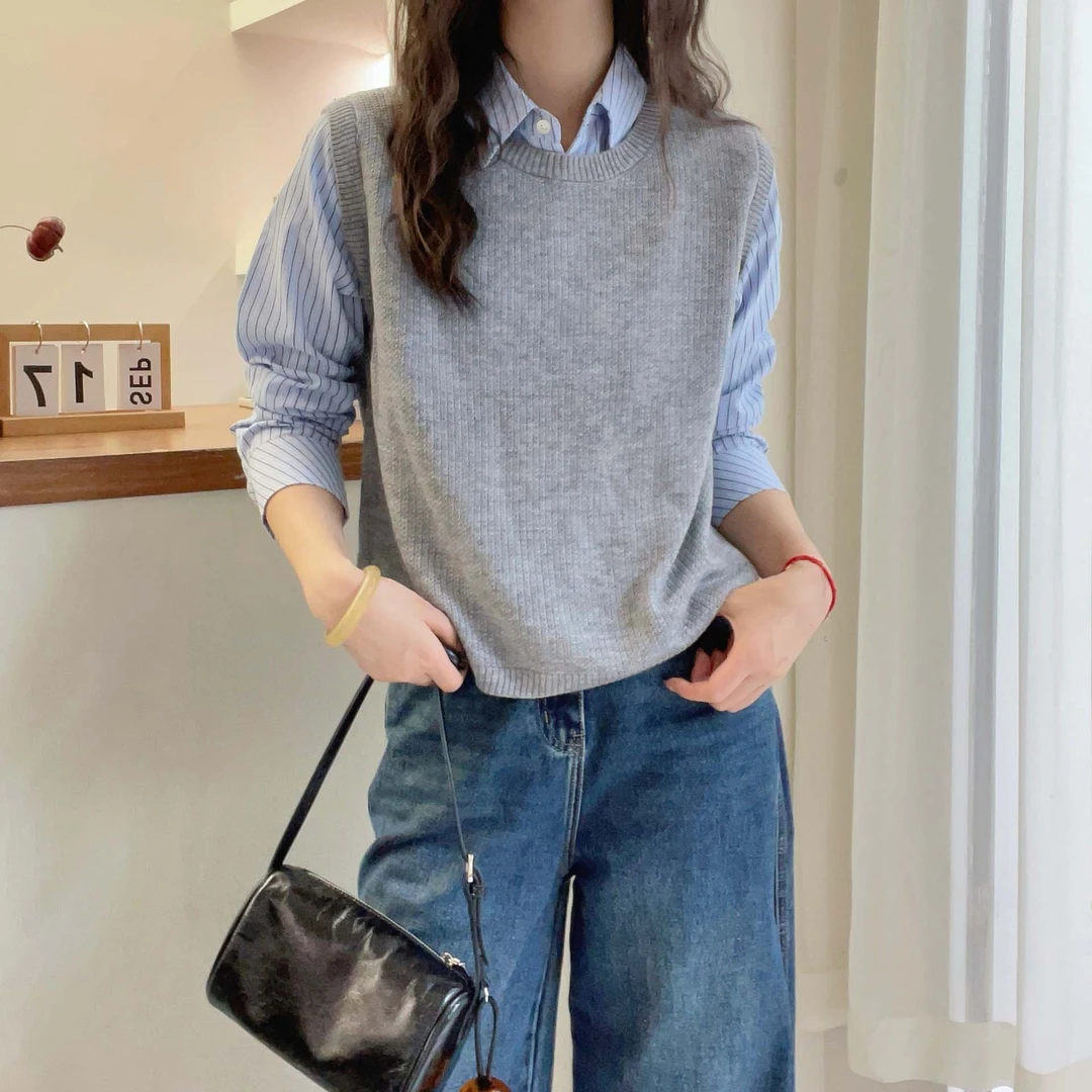 SS2201欧洲站早秋装新款欧货条纹衬衫拼接针织衫女春秋毛衣上衣