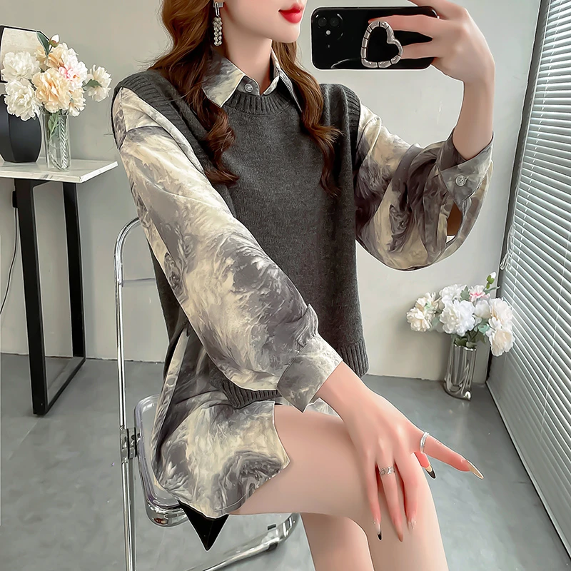 韩系高级感穿搭套装水墨印花长袖显瘦纯色毛衣马甲秋冬款两件套女