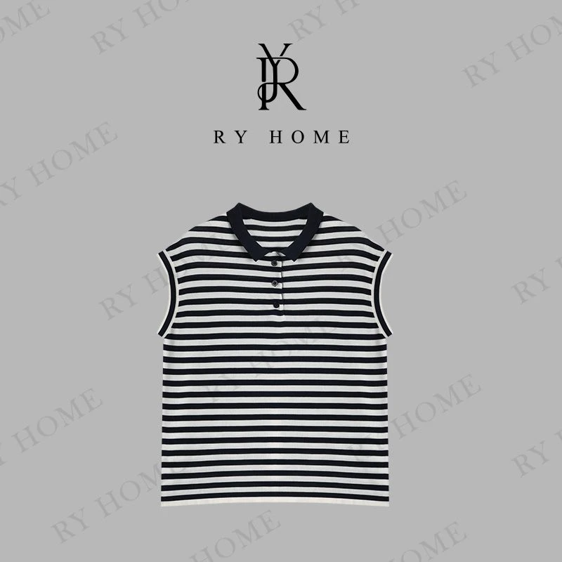 【容雨RYHOME】莱赛尔＋桑蚕丝POLO翻领撞色条纹T恤252T2008