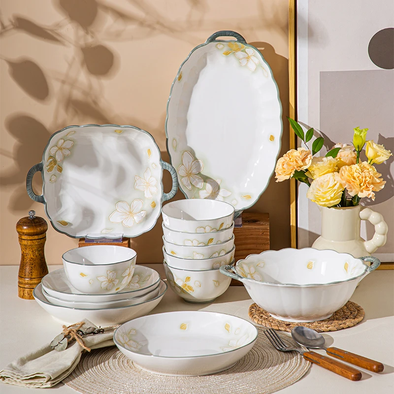 轻奢濑户烧陶瓷碗盘餐具米饭碗双耳汤碗家用大号高颜值餐盘菜盘子