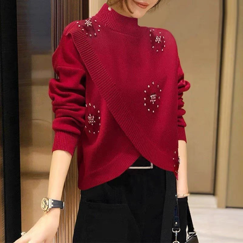 高端洋气钉钻交叉短款长袖女秋冬时尚半高领宽松百搭针织衫潮