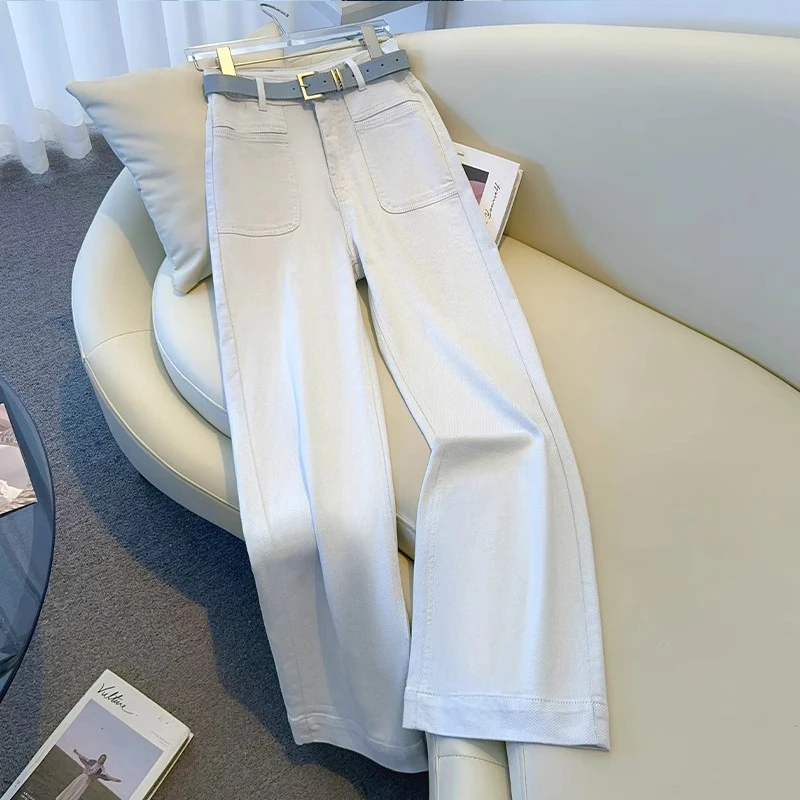 拉夏贝尔灰白色直筒牛仔裤女夏季2025新款今年流行爆款窄版阔腿裤