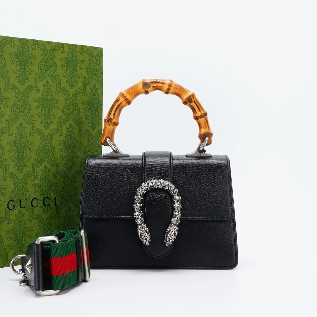 95新 GUCCI/古驰 【白菜】竹节钻扣款黑小号手提斜挎包BGH004760002