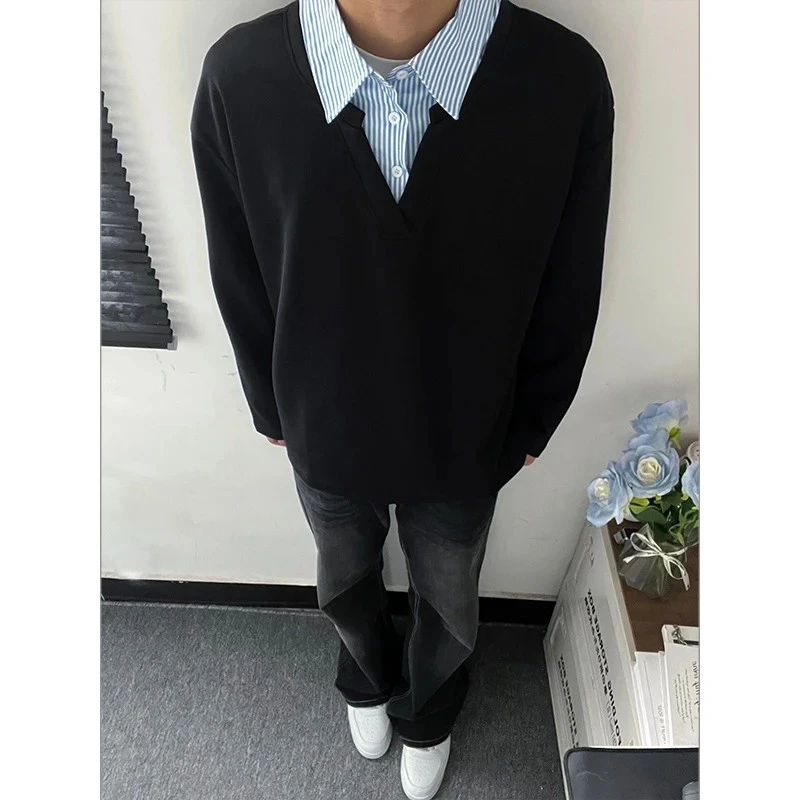 假两件百搭港风长袖t恤男春秋新款美式潮牌高级感卫衣宽松外套