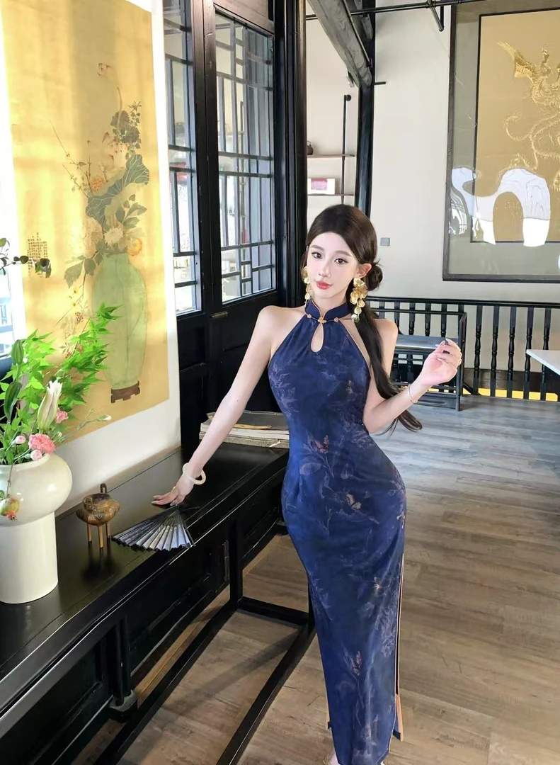 【蓝颜】夏季新款挂脖修身修身日常百搭新中式旗袍复古中国风长120
