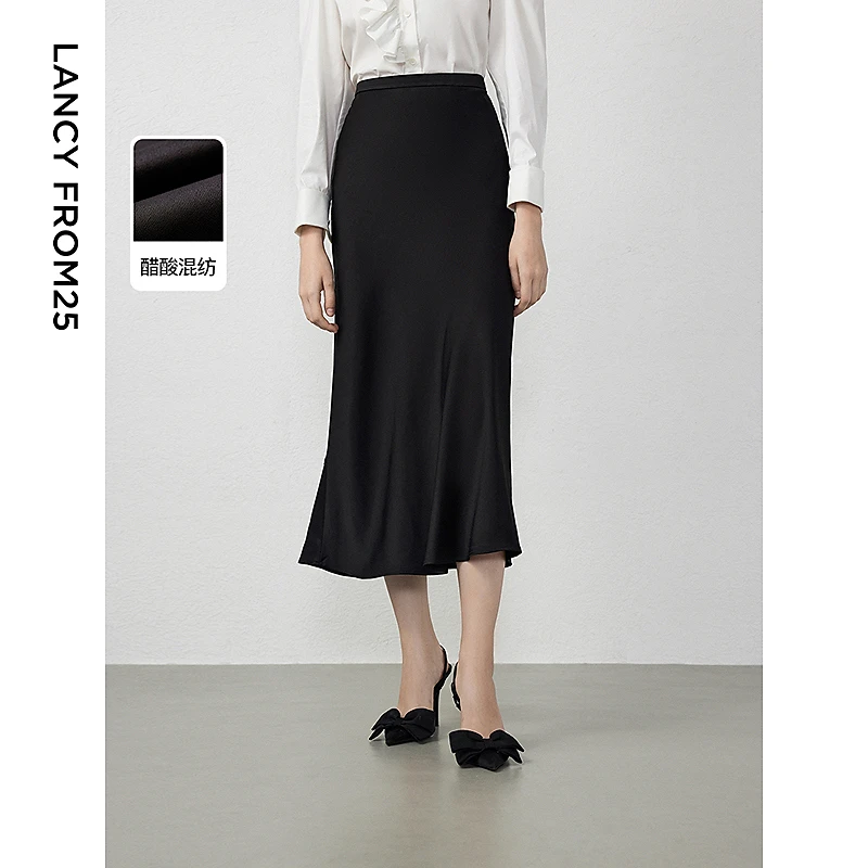 朗姿法式复古气质a字修身通勤半裙女新款休闲醋酸半身裙