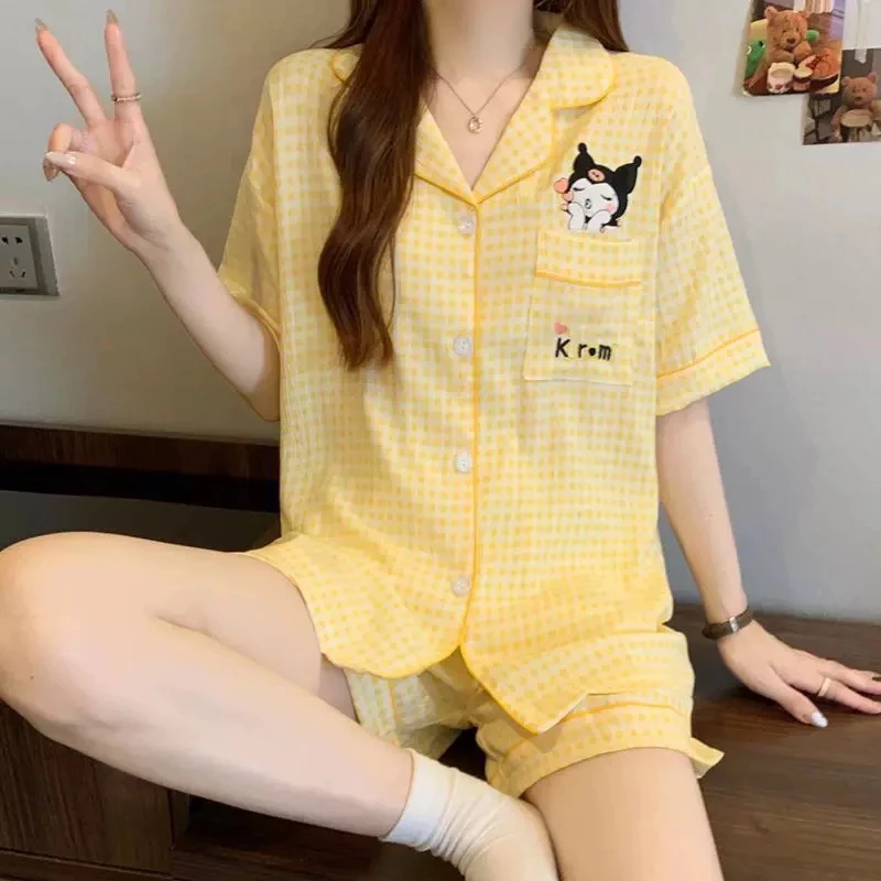 女生夏季云朵棉格子卡通可爱风短袖长裤睡衣家居服