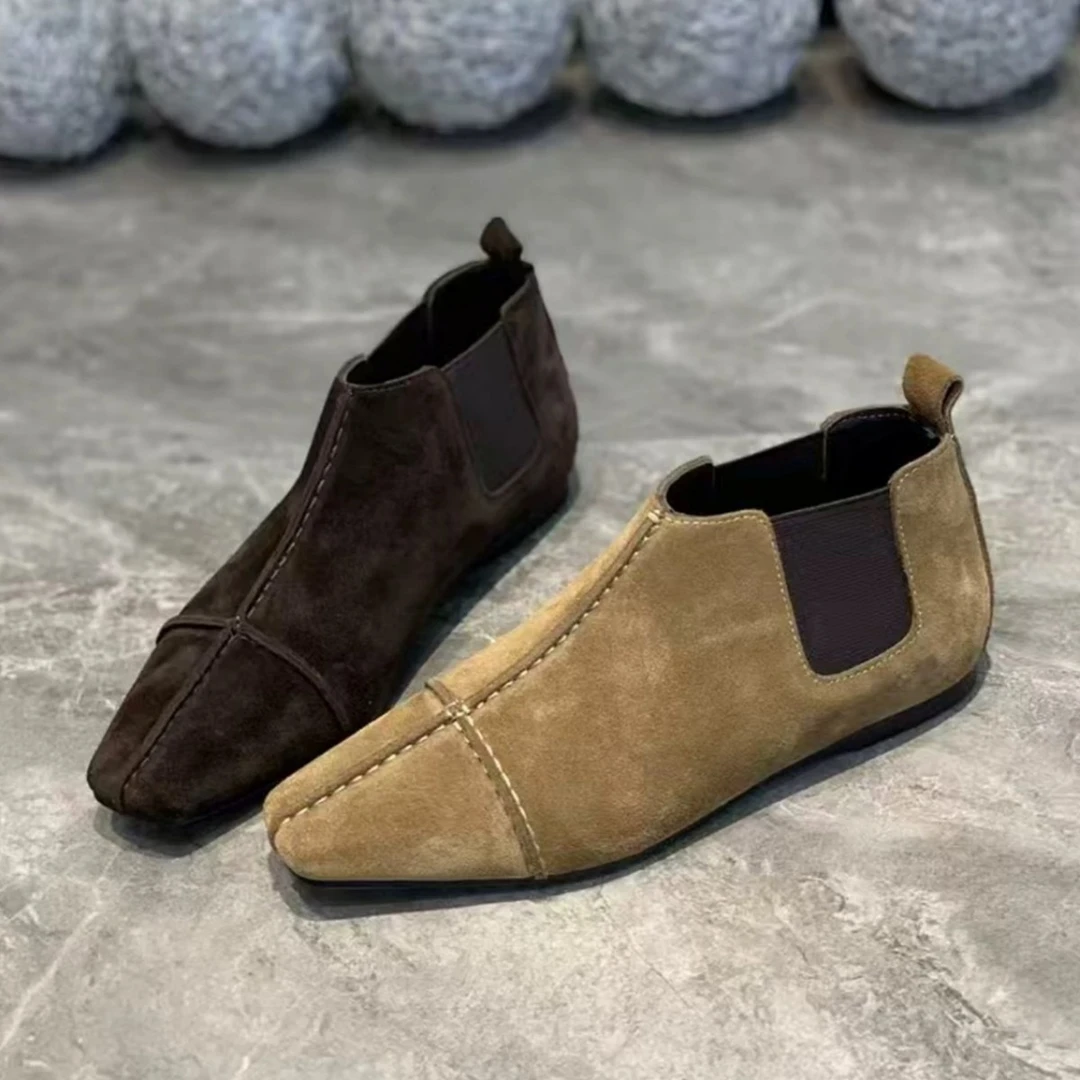 羊皮版~复古小众绒面方头平底切尔西短靴女2025新款通勤裸靴单靴