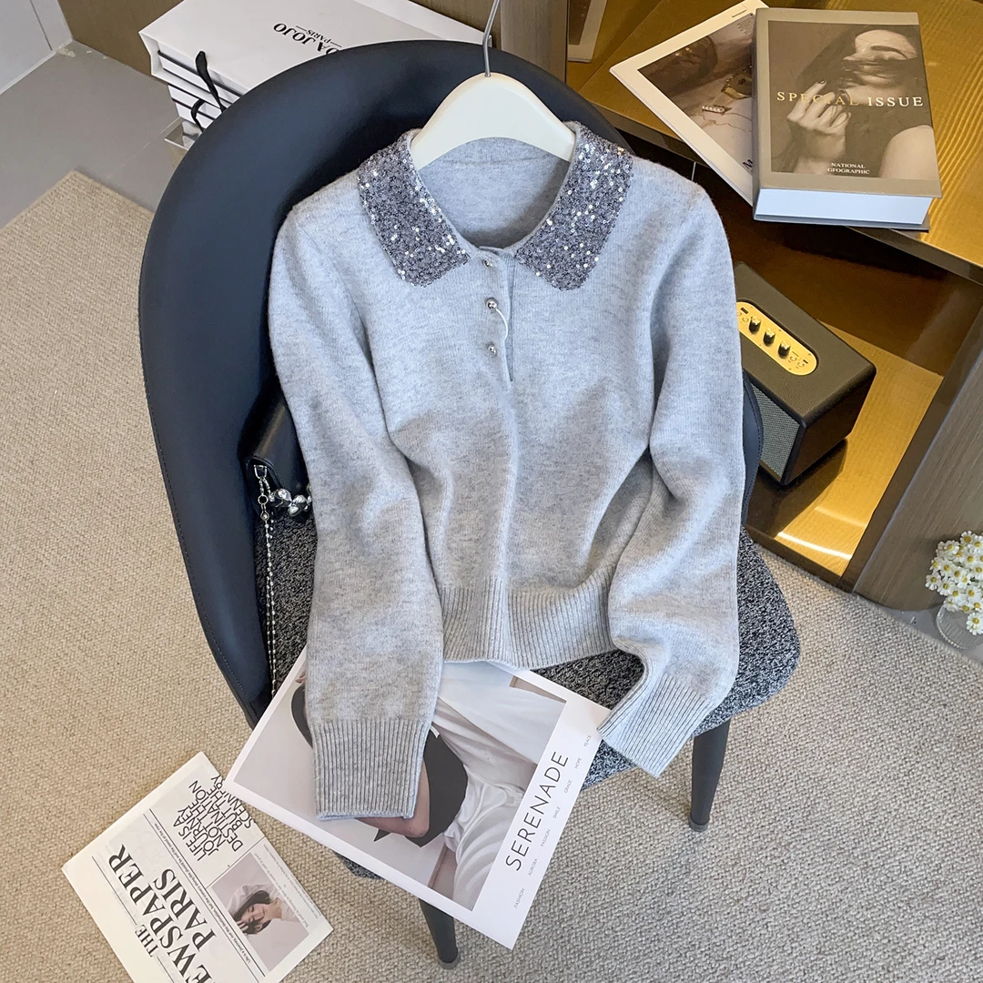 2025冬新款高端女装韩版重工亮片Polo领针织衫女灰色毛衣DY9306