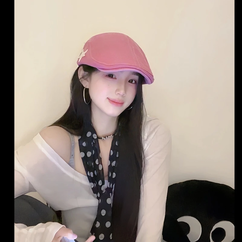 小众ins粉粉五角星美式复古时尚百搭多戴前进帽网红小贝雷帽