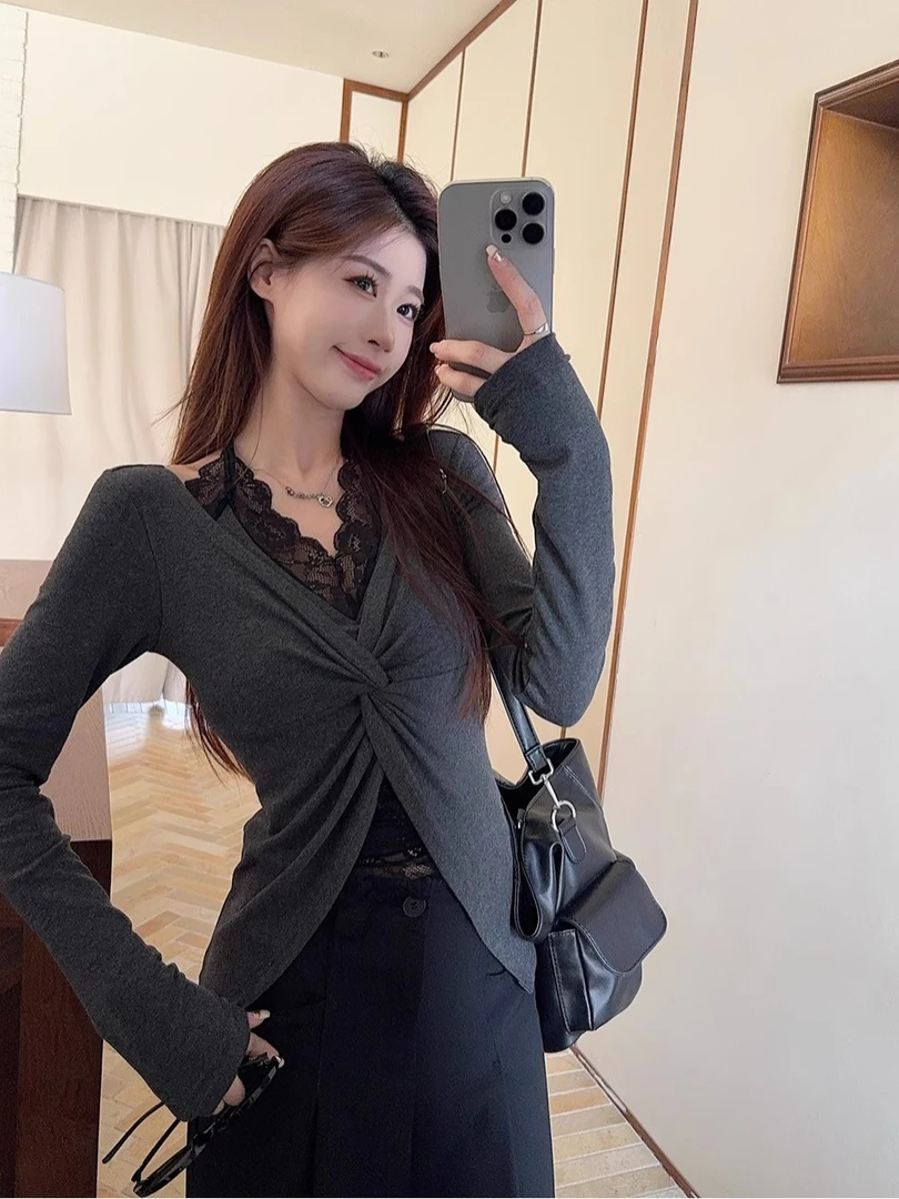 纯欲风性感黑色蕾丝拼接假两件长袖T恤女秋季扭结上衣内搭打底衫