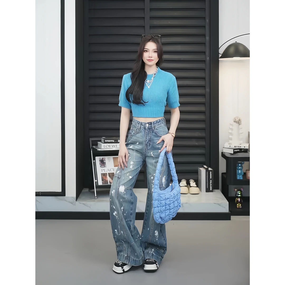 【TO&HR.GIRL】TFC030Y-泼墨蓝美式高街泼墨水洗蓝线条设计阔腿裤