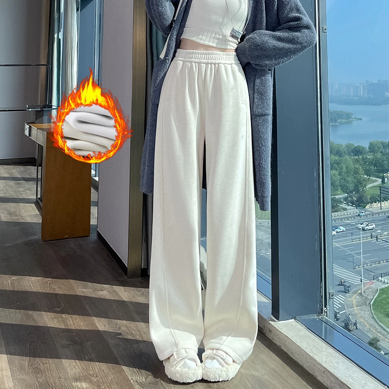 米白色糯米裤2025年春秋新款直筒冬加绒高腰休闲宽松阔腿裤子2577
