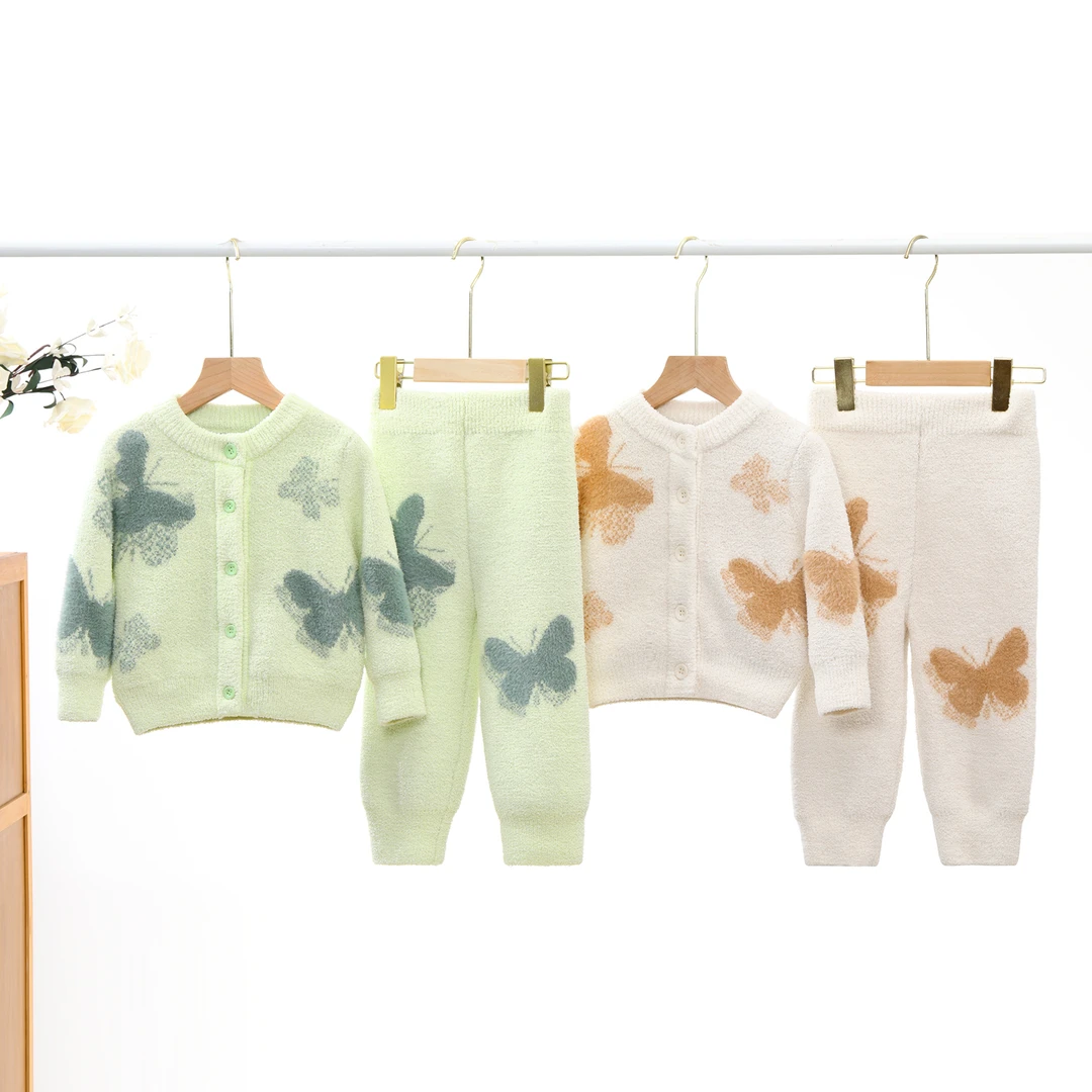 米巴布秋冬儿童新款软绵绵中小男女童舒适居家蝴蝶开衫套装9006