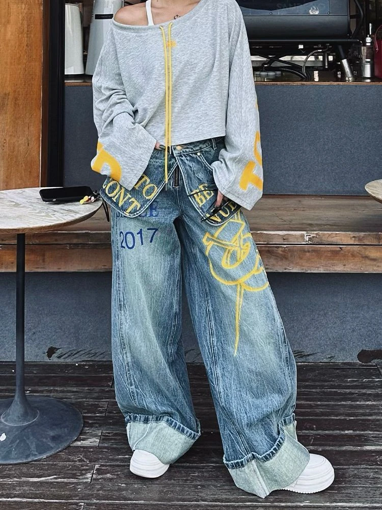 美式高街辣妹假两件叠穿牛仔裤子女双腰搭片印花显瘦拖地阔腿长裤