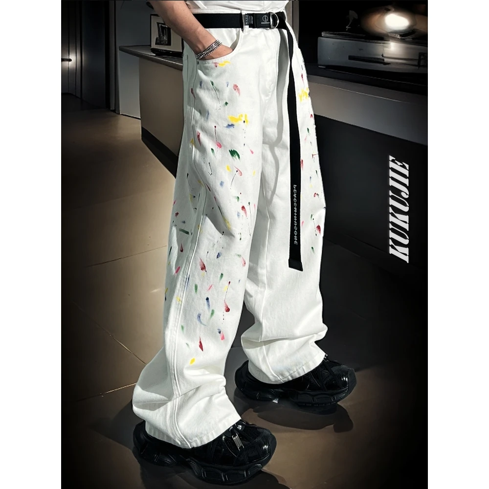 KUKUJI巴黎潮牌泼墨白色印花牛仔裤男夏季宽松男士宽松直筒牛仔裤