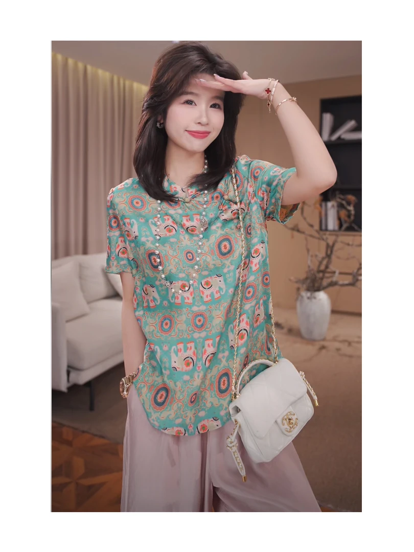 广州琴姐【青澜象影】人丝香云纱立领盘扣短袖国风大象上衣女夏2517