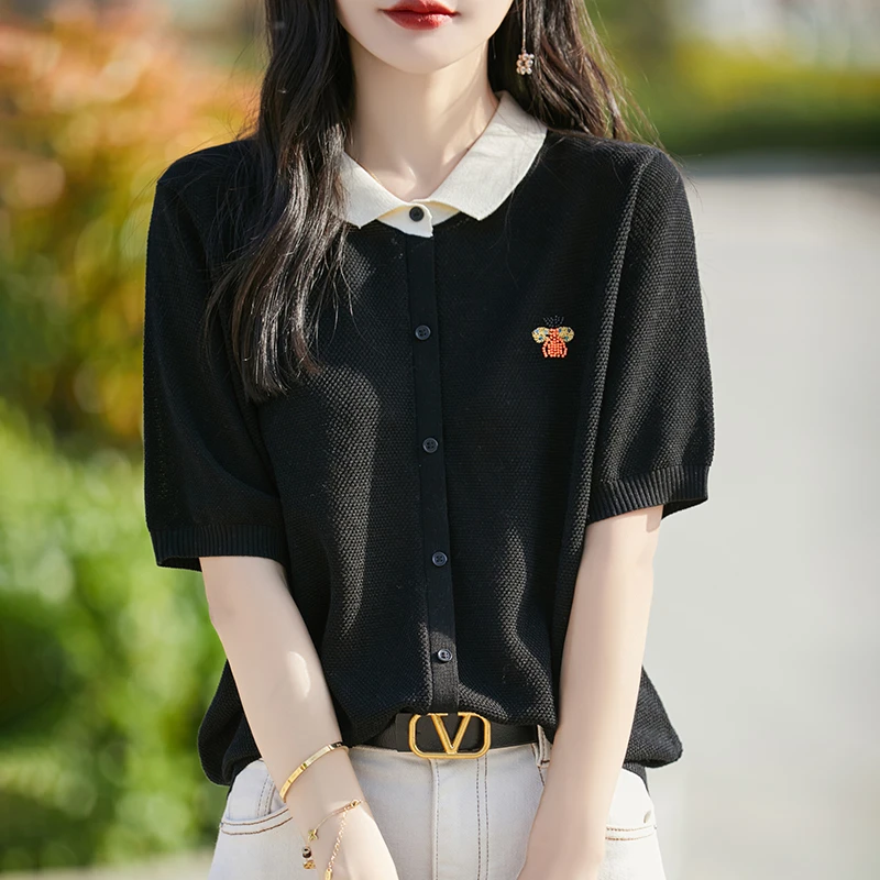 哥弟阿玛施正品夏季娃娃领针织短袖T恤女撞色刺绣薄款假开衫上衣