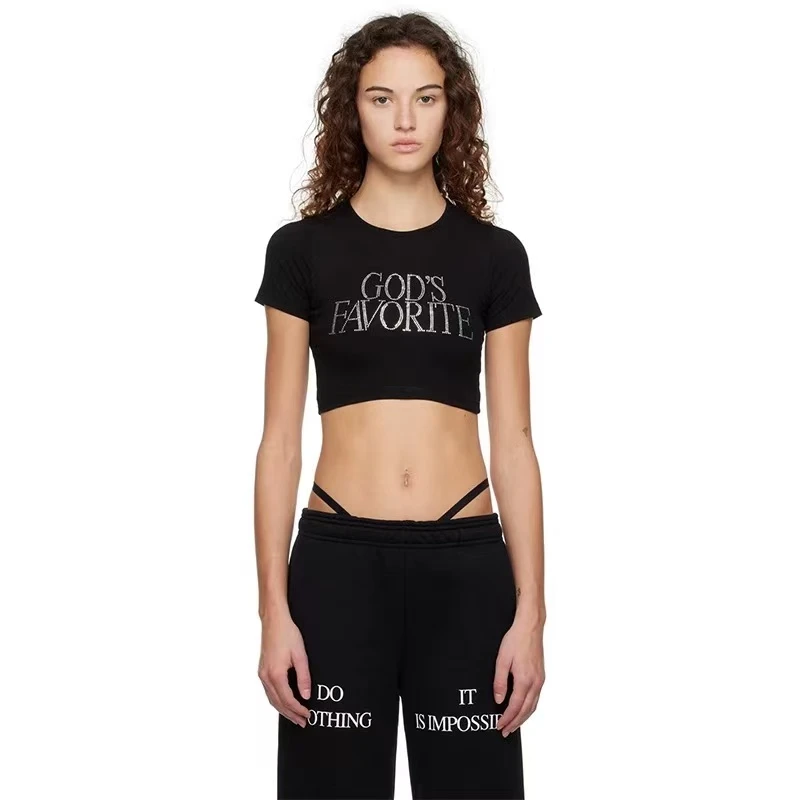 B6-2黑色“上帝的最爱”烫钻字母短袖